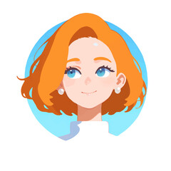 Cute Cartoon Girl with Red Hair, Blue Eyes, Earrings, and Light Blue Background