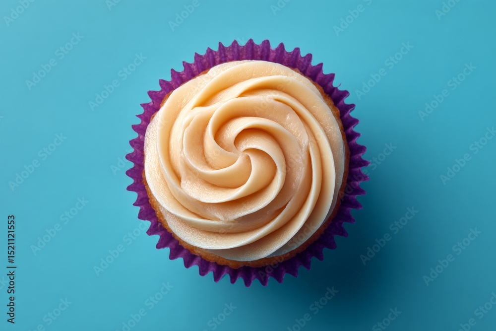 Poster cupcake with swirled frosting on a blue background displayed in a purple liner during a celebration 