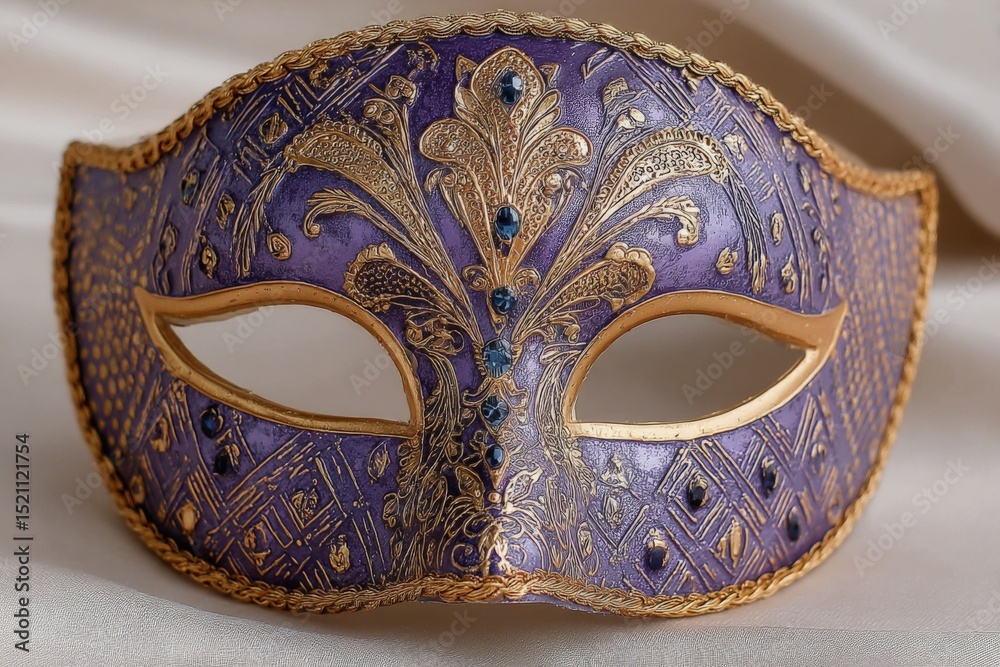 Poster elaborate purple mask with intricate gold detailing placed on a soft light-colored fabric background