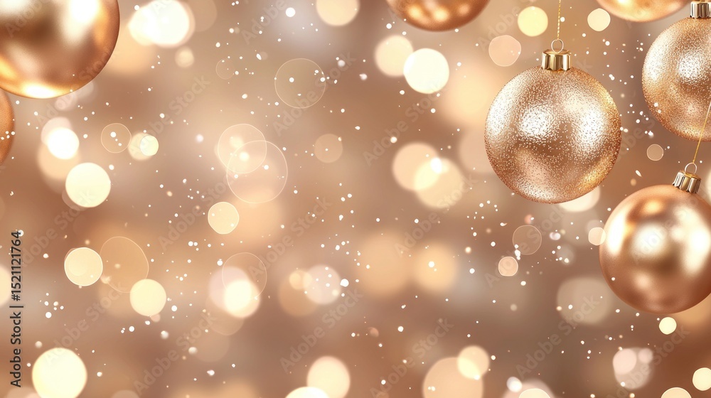 Poster golden christmas ornaments float against a bokeh and glitter backdrop