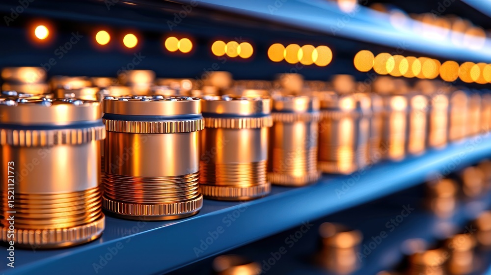 Poster rows of golden cylindrical metal components arranged neatly on a shelf