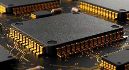 Close-up view of a black microchip on a circuit board with golden connections and electronic components