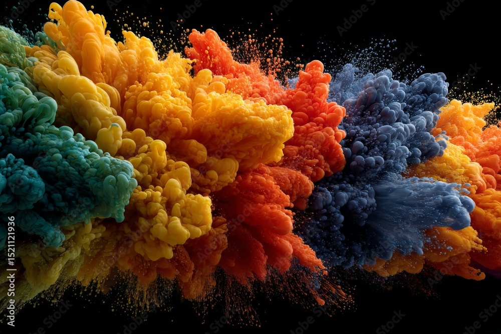 Poster colorful explosion of paint clouds in vibrant hues against a dark background creates a striking visu