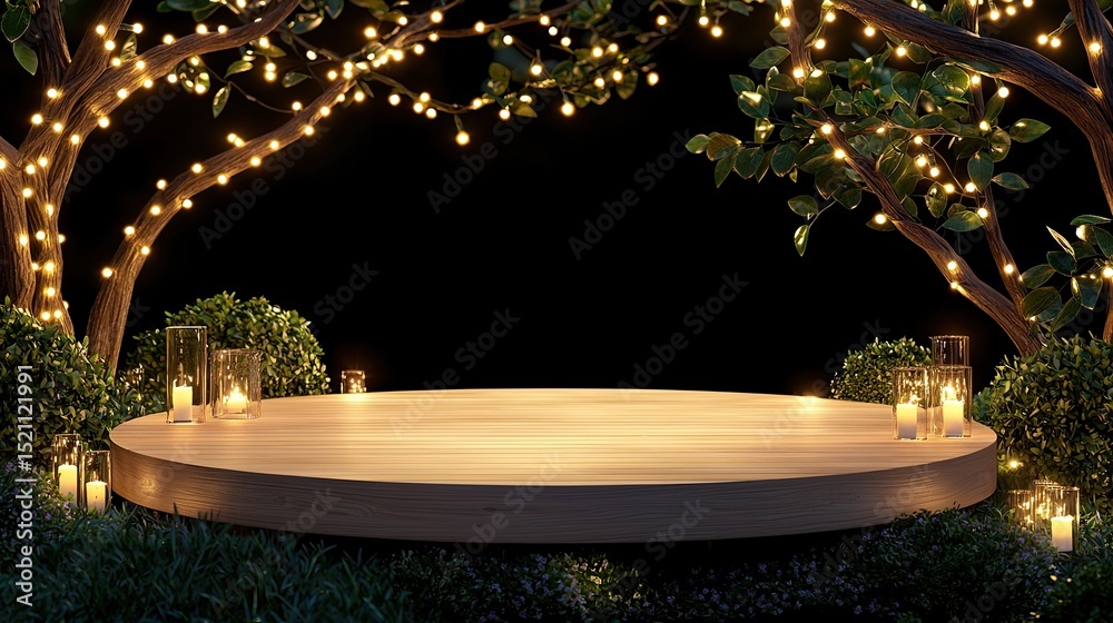 Poster round wooden stage illuminated by candles and string lights