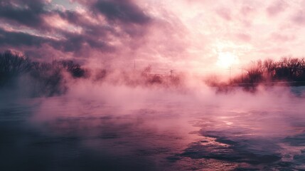 Obraz premium artistic professional photo of cold mist rising from a river at sunrise, perfect lighting, realistic and cinematic style
