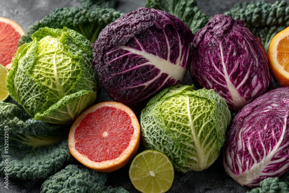 Poster fresh colorful cabbages and citrus fruits arranged on a dark surface for a vibrant culinary display