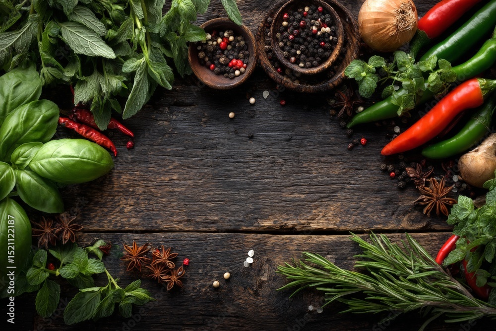 Poster Herbs and spices arranged on a rustic wooden table create a vibrant culinary display for home cooking enthusiasts