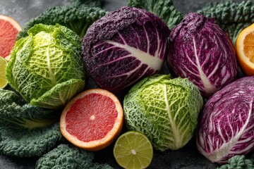Fototapeta premium Fresh colorful cabbages and citrus fruits arranged on a dark surface for a vibrant culinary display
