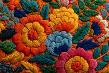 Vibrant floral embroidery design featuring intricate stitches and bold colors on a rich backdrop