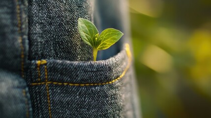 A green plant sprouting from the pocket of denim jeans, symbolizing growth and sustainability in nature