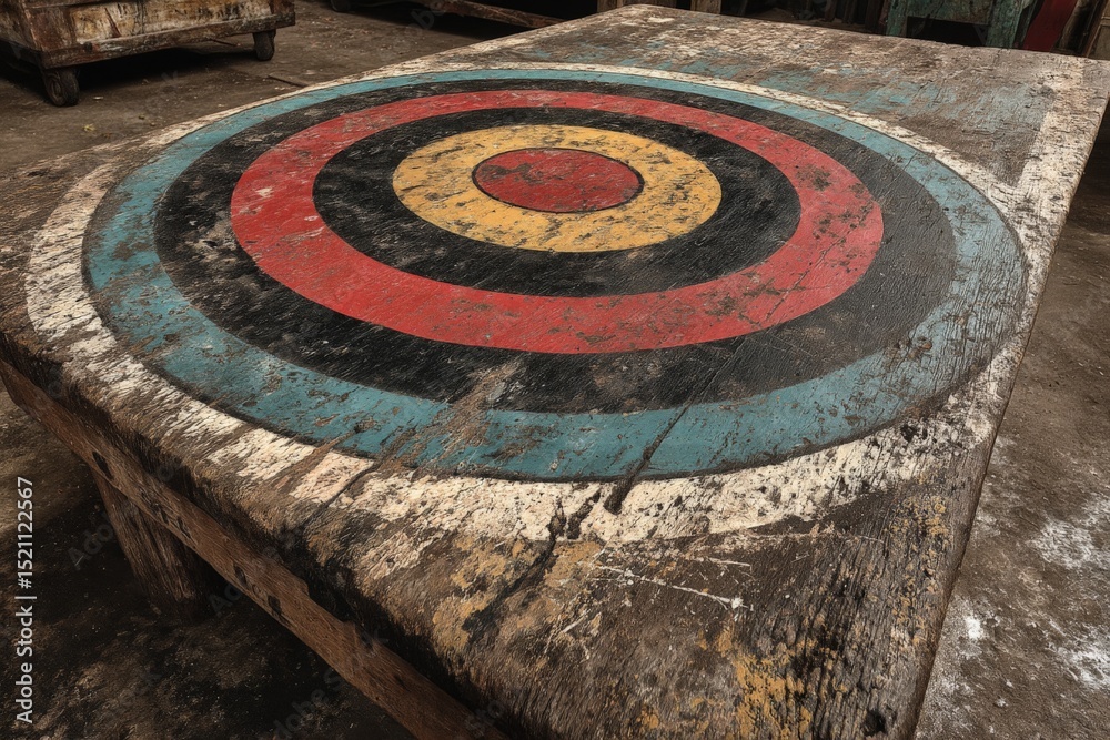 Poster weathered target board with vibrant colorful rings at a rustic workshop