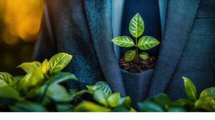 Businessman in a suit with a small plant in his pocket, surrounded by lush greenery, symbolizing growth