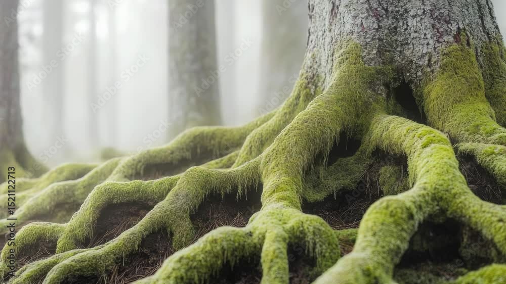 Poster a close-up view of a tree trunk covered in lush green moss