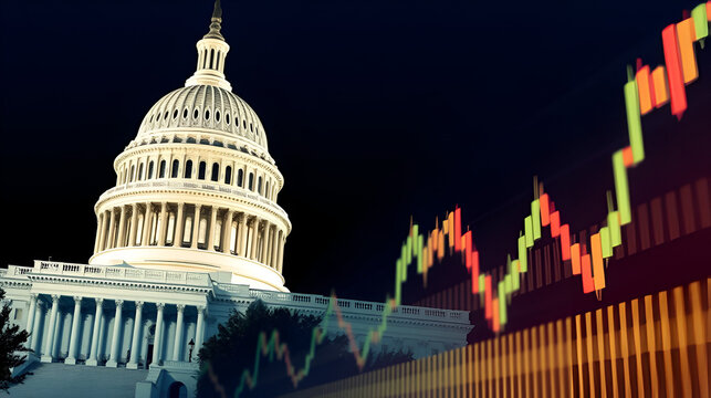 Fototapeta Capitol building with stock market graph symbolizes financial regulation and economic policy.