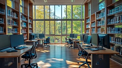 Serene library interior bathed in natural light creating a peaceful academic atmosphere ideal for studying and research displaying rows of books and computer workstations