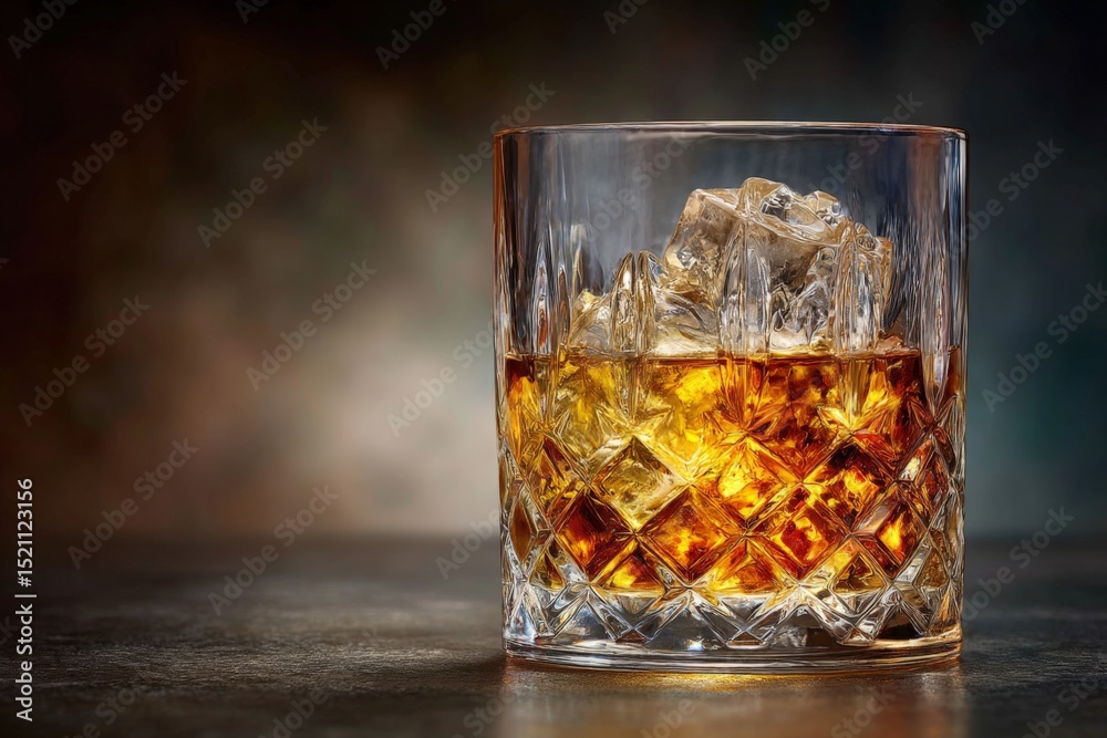 Poster whiskey glass filled with ice and amber liquid on a dark background capturing the essence of a relax
