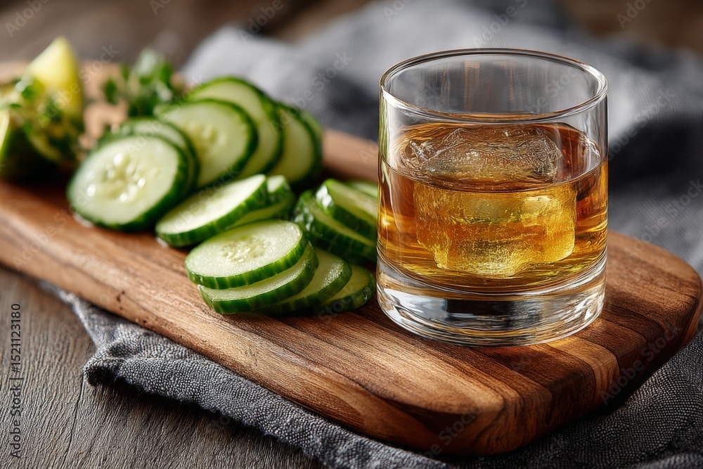 Poster refreshing cocktail served with fresh cucumber slices on a wooden board