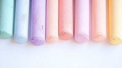 Colorful chalk pastels broken pieces rainbow gradient white background. Art supplies creative materials drawing tools. Education school children creativity artistic expression concept
