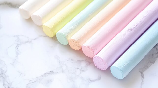 Colorful chalk pastels row rainbow gradient marble background. Art supplies creative materials drawing tools. Education school children creativity artistic expression concept