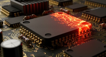 Close-up view of a computer chip with glowing lava-like effects, surrounded by electronic components