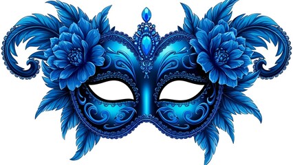 Ornate blue masquerade mask with floral decorations and intricate patterns on a white background
