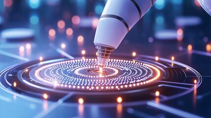 Robotic arm touching a circular array of glowing light points