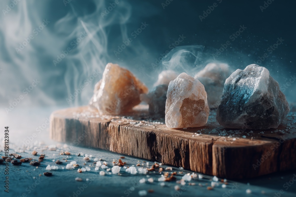 Poster unique mineral stones displayed on a wooden board with a mystical smoke effect in a softly lit envir