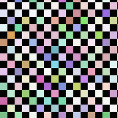 A Colorful Checkerboard Pattern with Diverse Pastel and Black Squares  Filling the Space