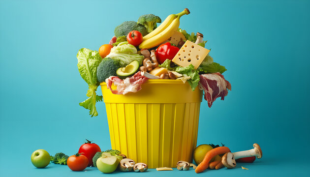 Uneaten unused spoiled vegetables thrown in the trash container. Food loss and food waste. Reducing wasted food, composting, rotten veggies in a trash