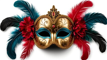 Elegant gold carnival mask with red and teal feathers, intricate designs, and gemstones on a white background