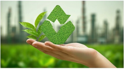 Hand holding a green recycling symbol and leaf, with industrial buildings in the background