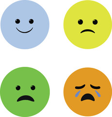 Fototapeta premium Emotional Expression Symbol Set Featuring Four Unique Faces: A Smiling Face in Light Blue Representing Happiness, A Sad Face in Yellow Symbolizing Sorrow, A Frowning Face in Green Indicating Mild 