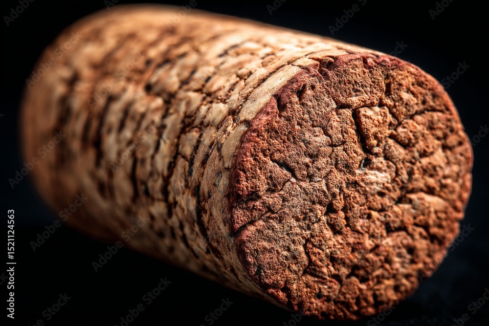Poster close-up view of a natural cork wine stopper on a dark background showcasing its texture and details