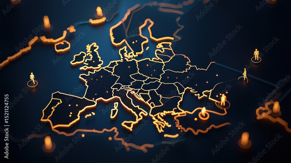 Poster illuminated map of europe displaying connections and human presence