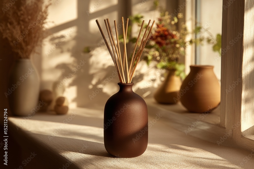 Aufkleber elegant diffuser with reeds on a sunlit windowsill surrounded by decorative vases in a cozy interior
