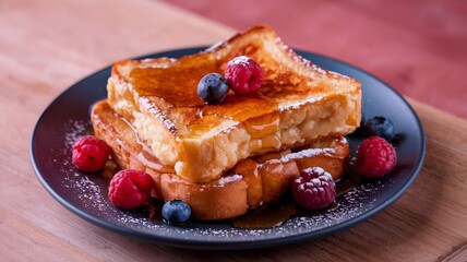 Golden French Toast with Maple Syrup, Berries, and Powdered Sugar on White Plate
