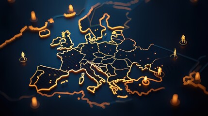 Illuminated map of europe displaying connections and human presence