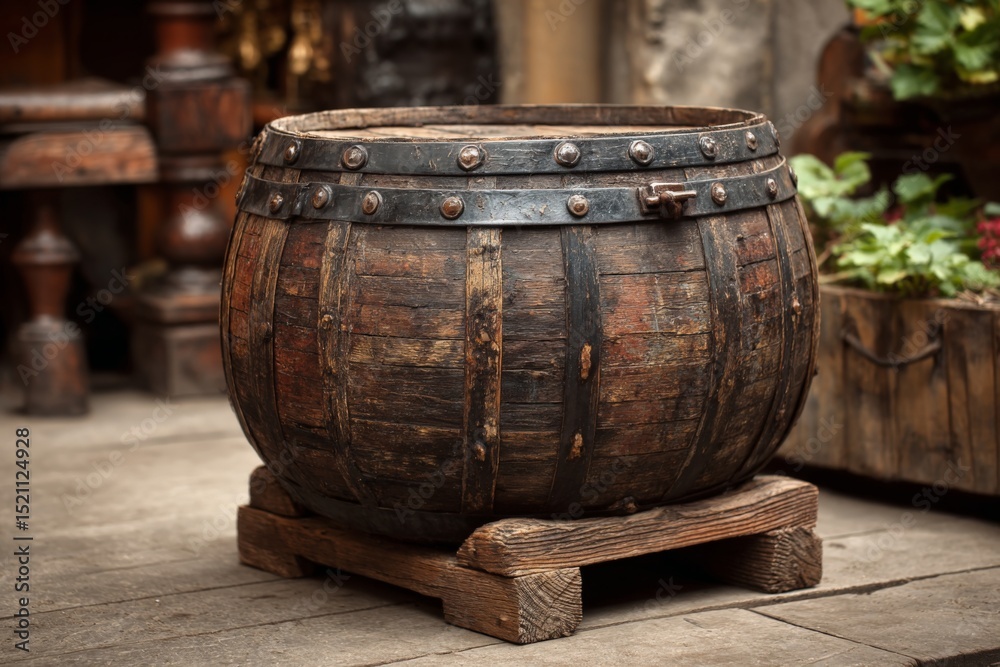Poster rustic wooden barrel resting on a wooden platform in an antique shop setting with surrounding decor 