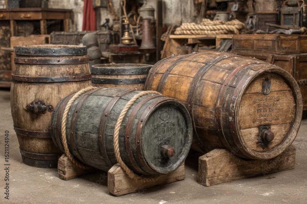 Poster rustic wooden barrels arranged in a vintage warehouse setting showcasing their unique textures and c