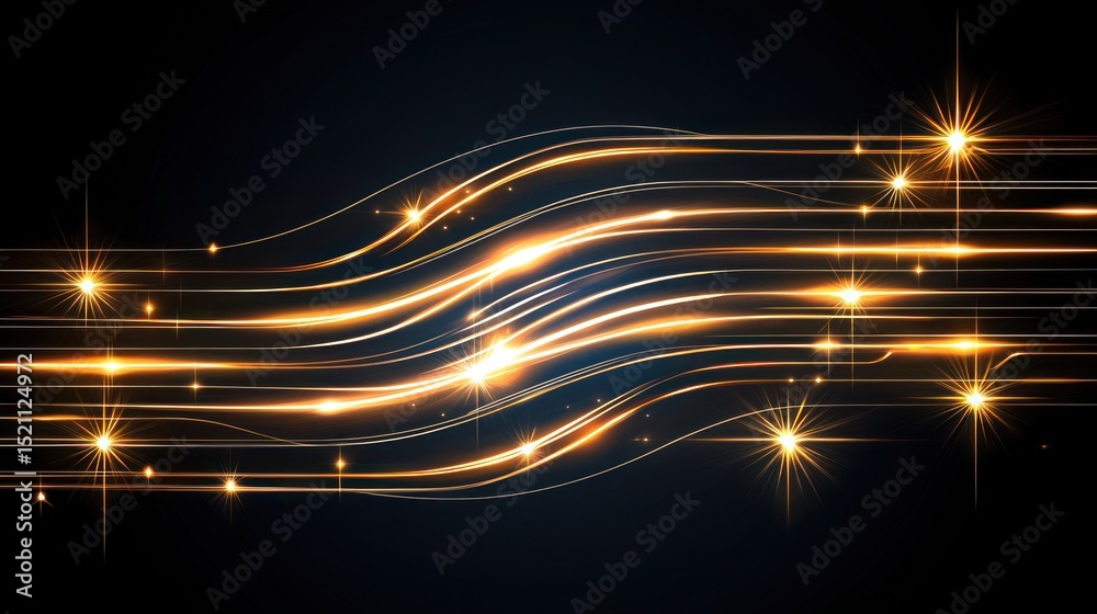 Poster Golden luminous lines moving across a dark abstract background