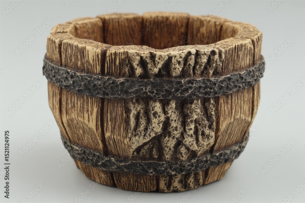 Poster decorative wooden barrel planter crafted from resin with realistic texture and design for garden or 