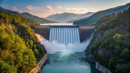 Fototapeta premium Majestic dam cascading water, surrounded by lush mountains under a vibrant sky.