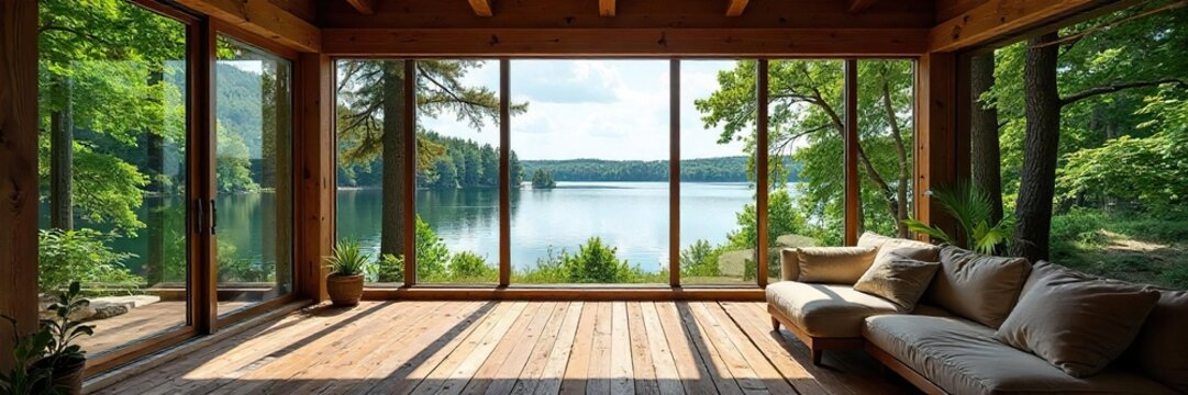 Fototapeta Rustic lakeside summer home with expansive windows offering breathtaking views of the tranquil water and surrounding nature Perfect for a peaceful getaway , dock, porch, lake house
