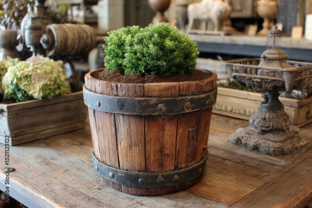 Poster rustic wooden planter with greenery displayed on a vintage table in a charming interior setting