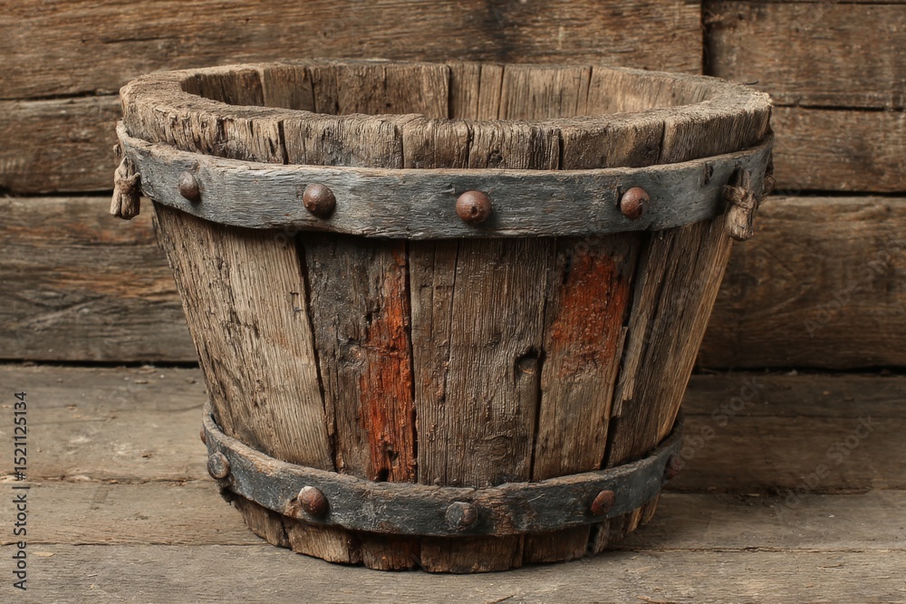 Poster rustic wooden bucket with metal bands displayed on a wooden surface in a charming vintage setting