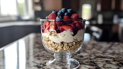 Independence holiday breakfast inspiration: layered parfait dessert with yogurt, oatmeal, blueberries, and strawberries