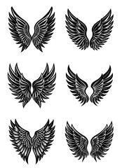 Collection of elegant black wings icons. Angel wings, fantasy wings, and bird feather wing designs. Ideal for emblem, tattoo, or logo. Clean white background. Editable vector artwork.

