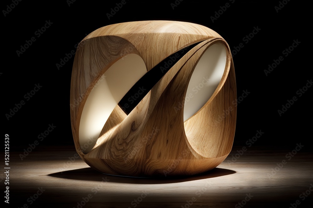 Poster unique wooden sculpture with elegant curves and soft lighting showcasing artistic craftsmanship in a