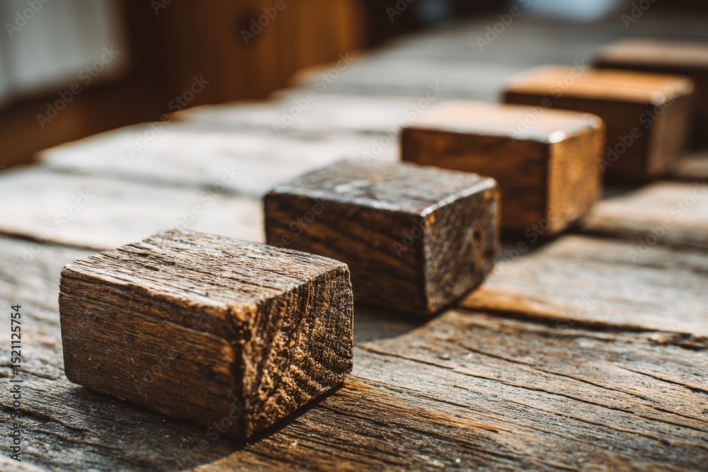 Poster Wooden blocks arranged in a row on a rustic wooden table creating an artistic display of texture and color variations