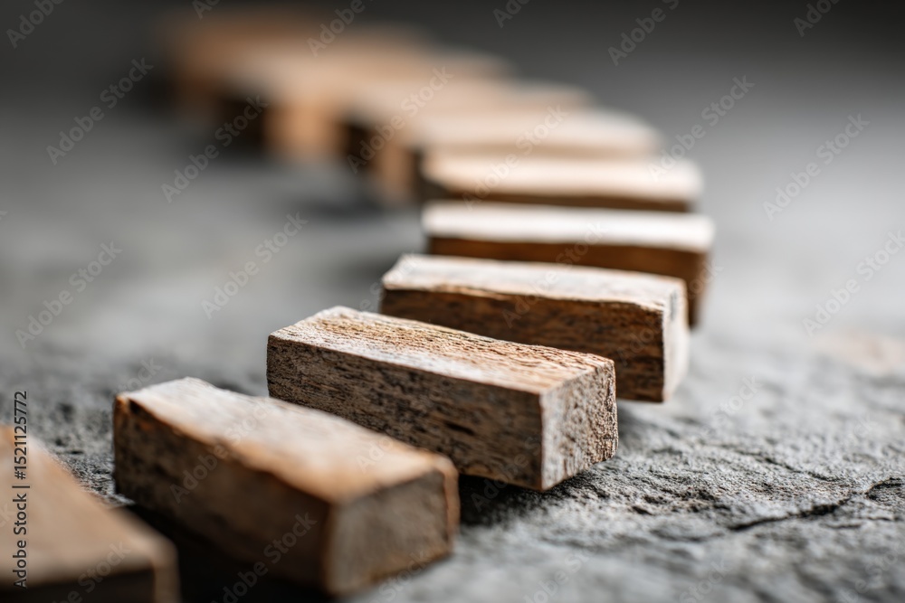 Aufkleber Wooden blocks arranged in a linear pattern on a textured surface with dramatic lighting